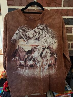 The Mountain Horses Tie-Dye T-Shirt Vintage 90s Wildlife Design Size Large